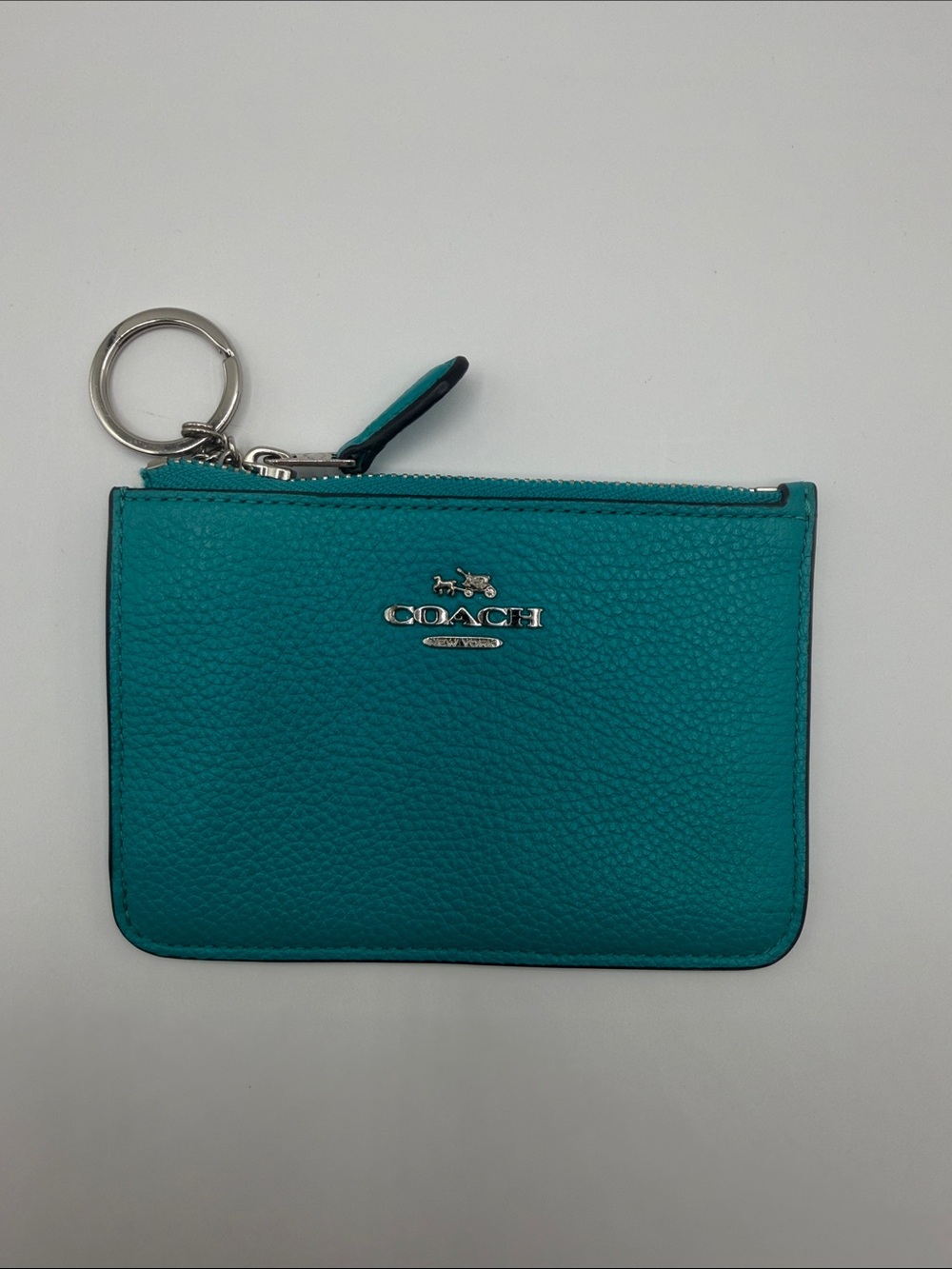 Coach Teal Pebble Leather Zip Card & Key Pouch